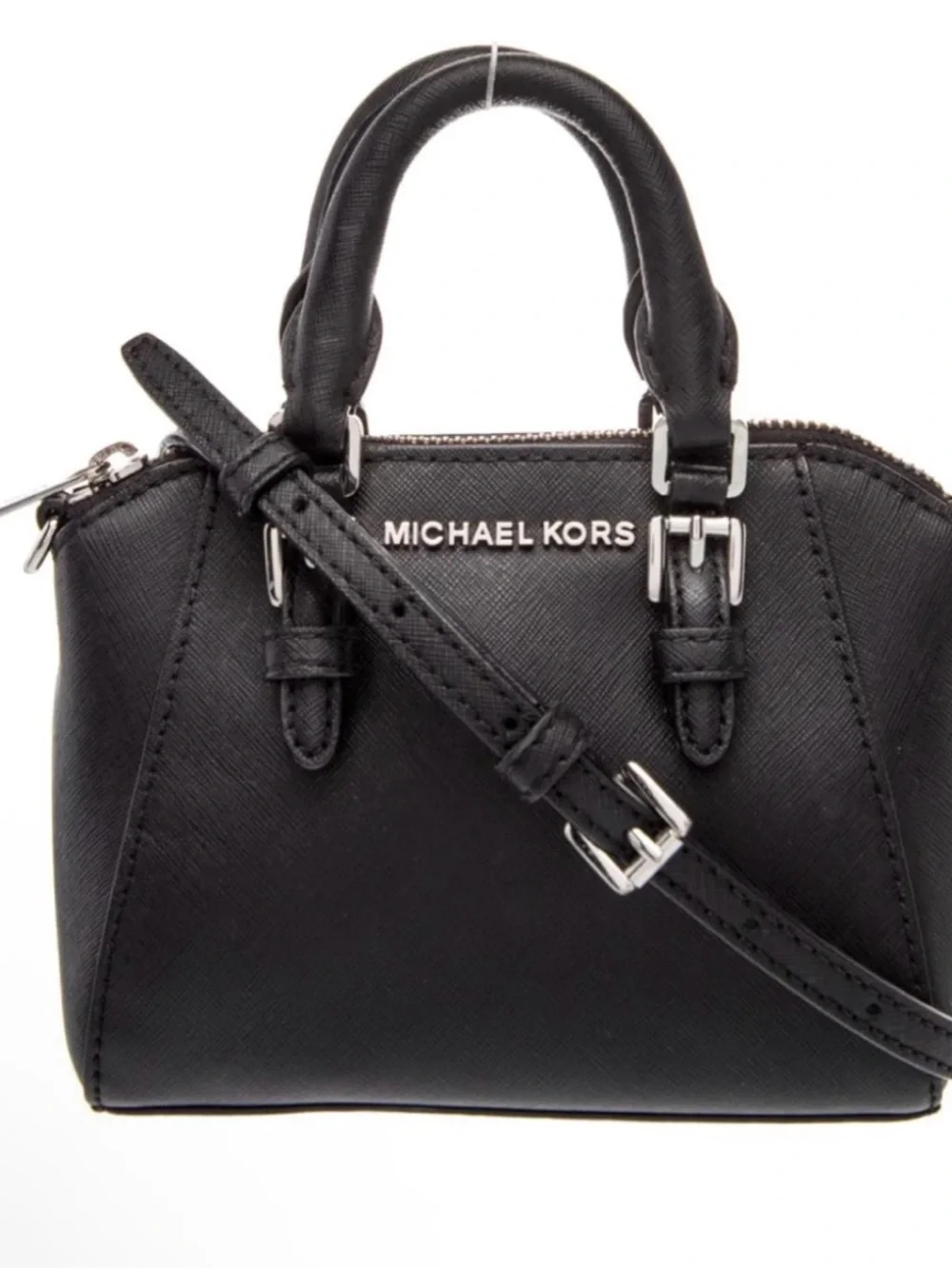 Michael Kors Ciara Black Mini Saffiano Leather Dome Satchel with Gold MK Charm - Picture 5 of 6
